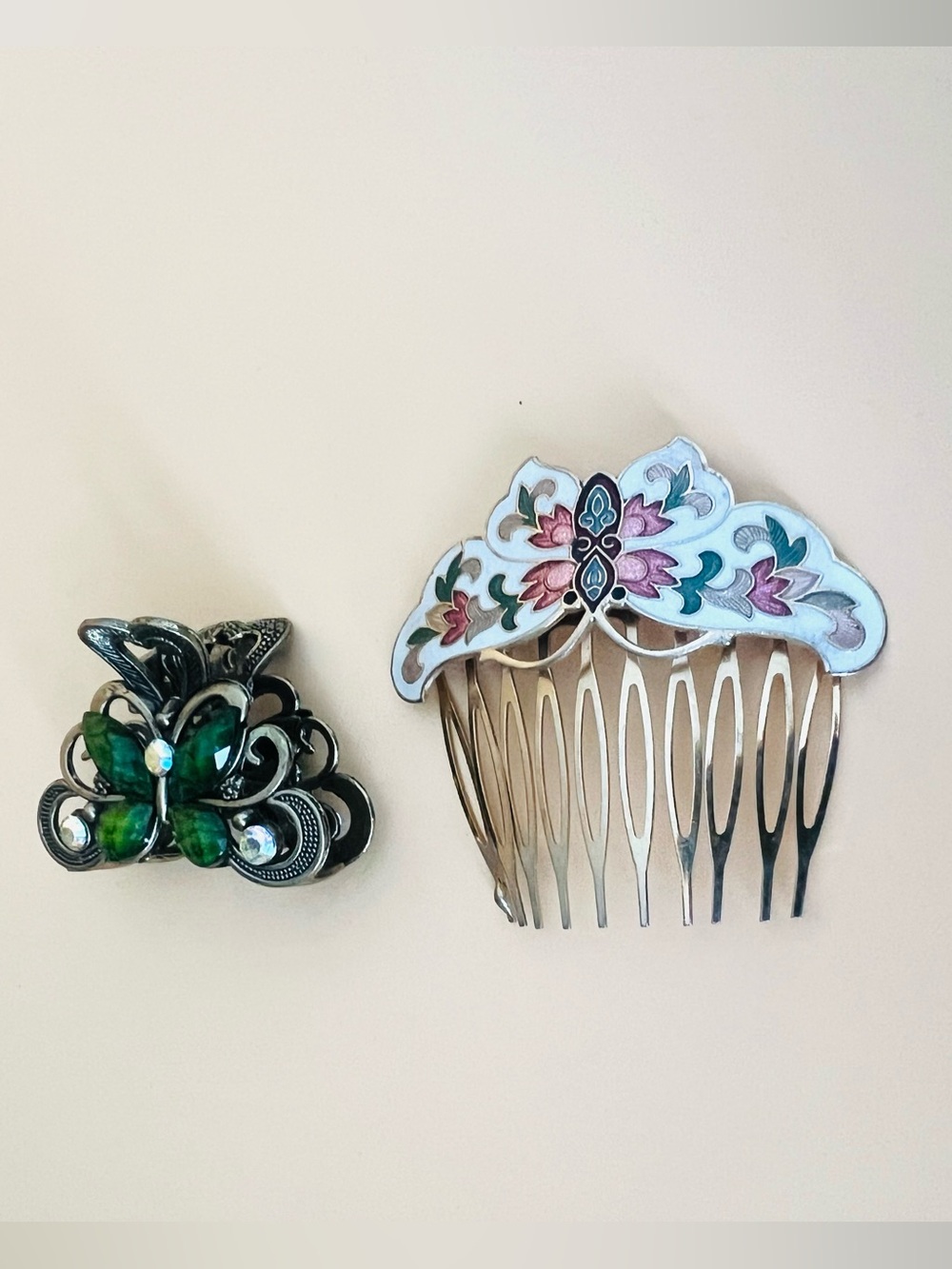 Set of Butterflies hair clips gold and enamel
